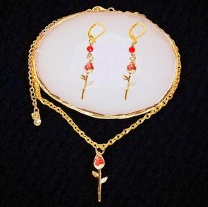 Gold Enchanted Choker Earrings Set Red Rose Charm Whimsygoth New Age Grunge Luxe